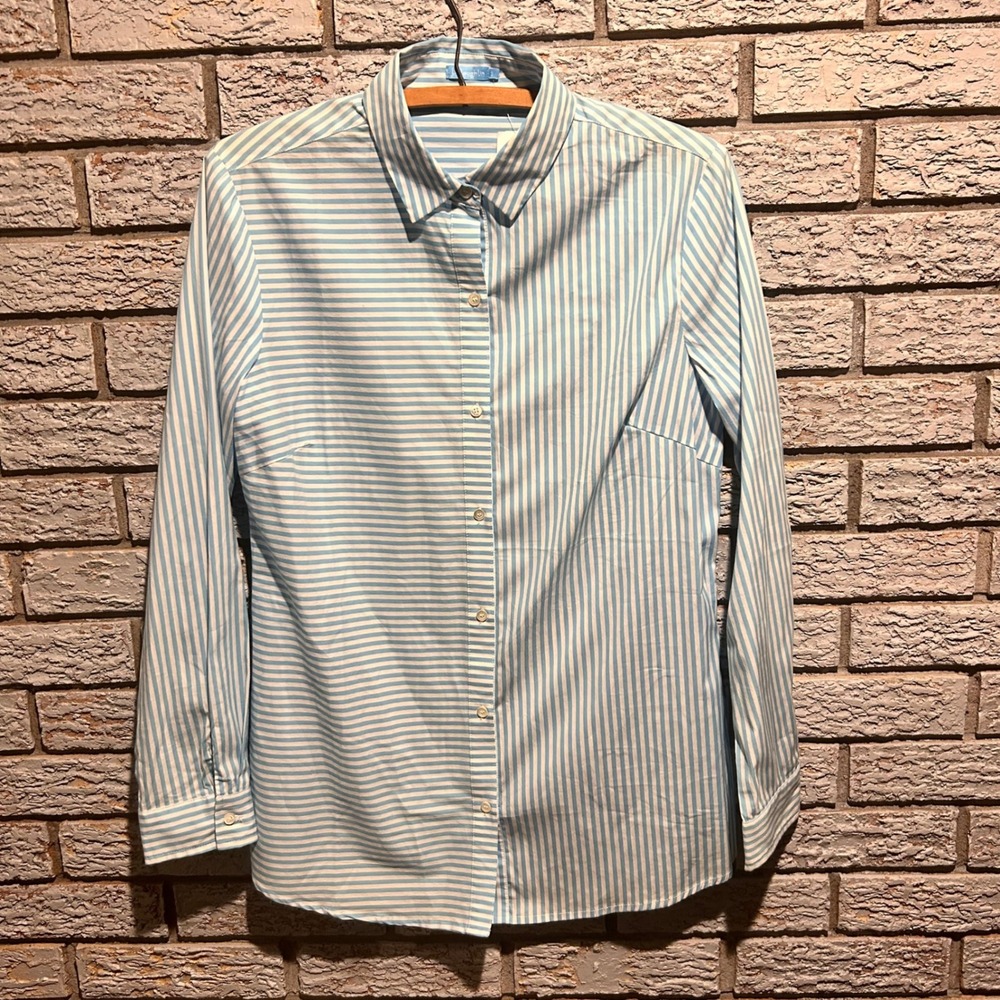 J.McLaughlin Lois Blouse White Aqua Blue Stripe Button Down Shirt Womens Small